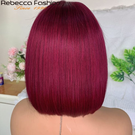 99J Colored Short 180D Straight Brazilian Human Hair Bob Wigs with Bangs Remy Full Machine Made for Women Hightlight Burgundy