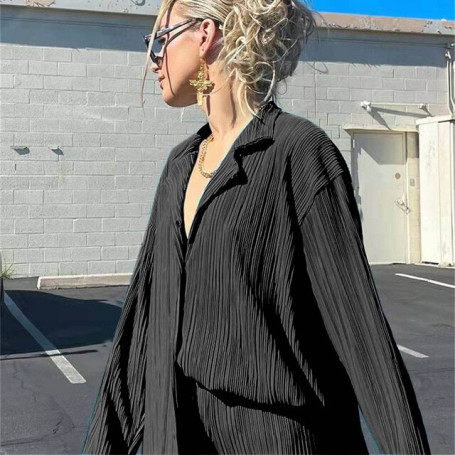 2 Pieces Women Long Sleeve Shirt Pleated Pants Sets Spring Summer Streetwear Button Down Shirt+Straight-Leg Pants Loose Outfits