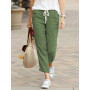 Women's New Solid Loose Casual Drawstring Elastic Waist Cotton Hemp Cargo Pants