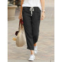 Women's New Solid Loose Casual Drawstring Elastic Waist Cotton Hemp Cargo Pants