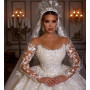 Luxury Lace Wedding Dresses Long Sleeves Sequins Beads Dubai Sheer Neck Appliques Glitter For Woman Elegant Bride Gowns
