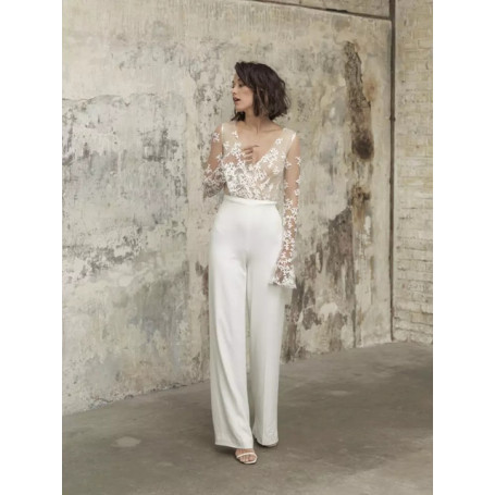 Wedding Pants Suit Sets Open Back Sexy V-Neck Top Lace Appliques Long Sleeves Illusion Jumpsuit Gowns Formal Bridal Outfit