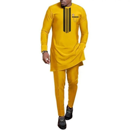 Dashiki Muslim Middle East Ethnic Wind Pressure Pleated Personality Men's Elegant Popular Long-Sleeved Shirt And Pants Two-Piece