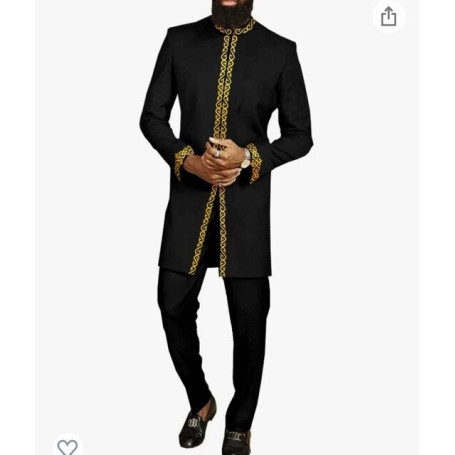 Dashiki Spring New Young Men's Black Bronzing Business Style Casual Slim Banquet Dress Long-Sleeved Shirt Elegant Two-Piece Set
