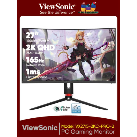 ViewSonic VX2715-2KC-PRO-2 27" Curved Monitor for PC 2K 165Hz High Refresh QHD Curvo 1500R 1ms Low Latency Gaming PC Monitors