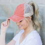 Vintage Ponytail Women Adjustable Snapback Hat Mesh Distressed Cap