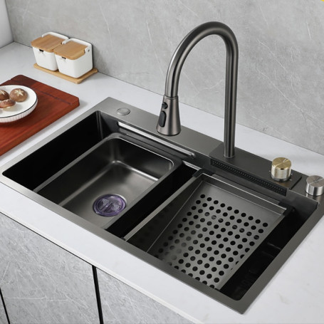 Quilding Nano Black Raindance Gun Metal Stainless Steel 304 Waterfall Kitchen Sink With Pull Out Faucet