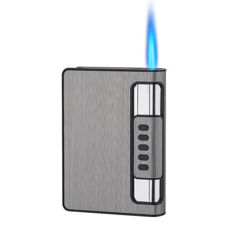 Automatic Cigarette Case 10pcs Cigarette Capacity Blue Flame Butane Gas Lighter Metal Smoking Accessories Cigarette Box for Men