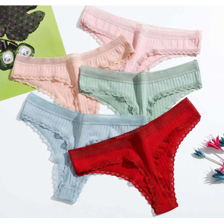 10Pcs/Set Women Cotton Thongs Female Underwear Sexy Lace Low Rise Plus Size Panties G String For Ladies Solid Black Underpants