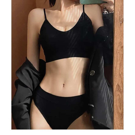 Women Seamless Bra Set Sexy Thong Low Waist Panties Wire Free Bra Bralette Lingerie Brassiere Cotton Female Underwear Set