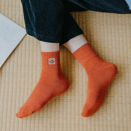 5 Pairs/Lot Women's Cotton Smile Embroidery Socks Cartoon Cute Solid Breathable Socks