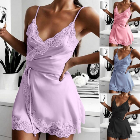 Ladies Silk Sling Nightdress Women's Sexy Lingerie Satin Sleepwear Lace Cup V-neck Plus Size S-3XL