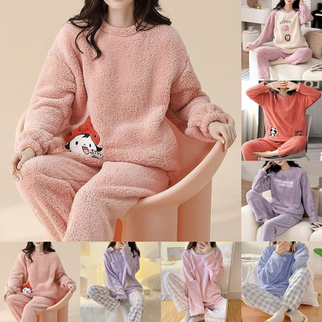 Women Print Warm Flannel Coral Velvet Long Sleeve Sleepwear Pajamas Set