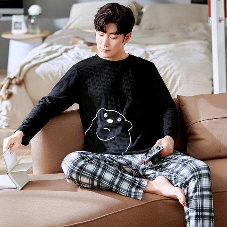 100% Cotton Men Pajama Sets Plus Size 3XL Causal Loose Long Sleeve Long Pants Patchwork Lounge