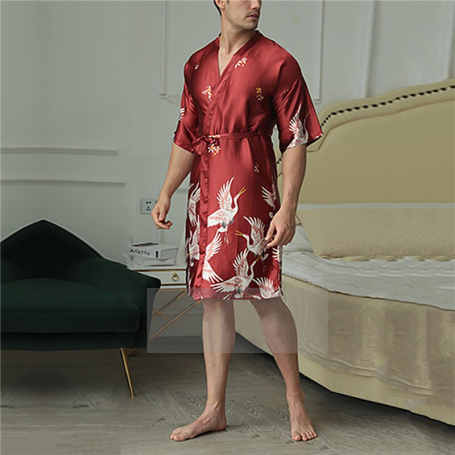 Men Silk Satin Kimono Bathrobe Golden Dragon Knee Length Long Sleeve Dressing Gown Sleepwear