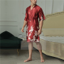 Men Silk Satin Kimono Bathrobe Golden Dragon Knee Length Long Sleeve Dressing Gown Sleepwear