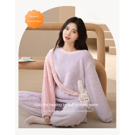 Thickened Coral Velvet Cute Cartoon Round Neck Double-side Pajama Suit Wearing Women's Pajamas Set