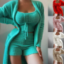 3pcs Plush Shorts Set Women Outfit Sexy Square Collar Crop Top Shorts + Cardigan Coat 3 Piece Set