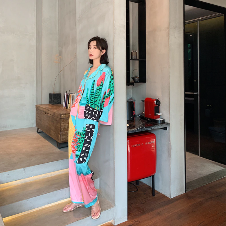 Satin Women's Print Pajamas Suit Silk Sleepwear