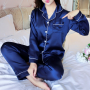 Women Satin Silk Pajamas Set Solid Color Suit Long Sleeve Casual Sleepwear Plus Size