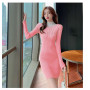 Women Long Sleeve Contrast Stripes Sweater Knit Dress Simple Bottoming Pencil Knitted
