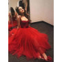 Charming Red A-Line Short Evening Dresses Spaghetti Straps Sweetheart Tulle Gowns