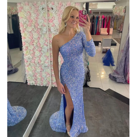 High Split Side Prom Dress Sequins One-Shoulder Evening Gown Lady Pageant Cocktail Strapless Red Carpet Long Sleeve