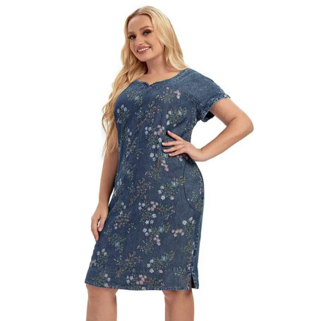 Women's Denim Dress Cotton Woven Print Crew Neck Casual Fashion DressCau