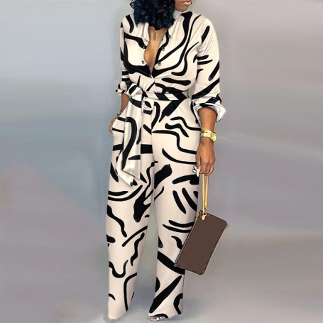 Women Elegant Long Sleeve Casual Jumpsuit Fashion Vintage Print Overalls