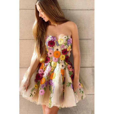 Champagne Strapless Flowers Tulle Mini Prom Dress Exquisite Sweetheart A Line Evening Gown