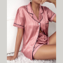 Women Nightwear Grid Stripe Luxury Ice Silk Pajamas Set Soft Sleepwear
