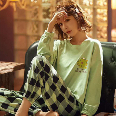 Pure Cotton Pajamas Women's Long-sleeved Simple Loose Casual Suit Large Size