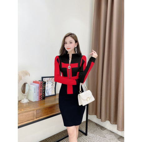 Zipper Pattern Pullover Sweater Pencil Dress Sexy Women Knitted Sheath Bodycon Dresses
