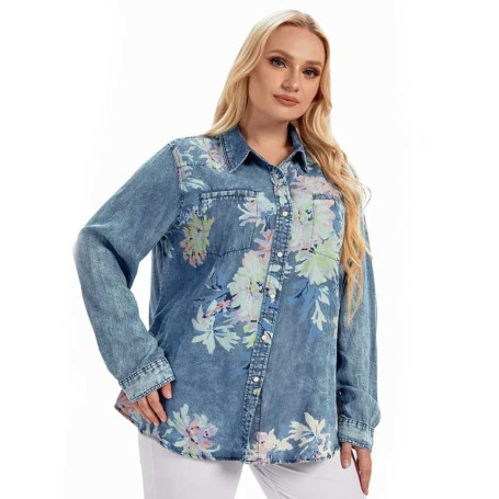 Women's Plus Size Top Casual Sleeve Shirt Printed Woven Denim Long Sleeve Shirt
