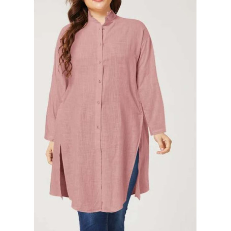 Solid Tunic Top Casual Loose Blouses Women Stand Collar Long Shirt Long Sleeve Buttons Down Cotton Blouse Plus Size