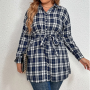 Fashion Women's Clothing Plaid Print Turn-down Collar Button Long Sleeve Blouse Bandage Open Stitch Plus Size Slim Midi Shirt