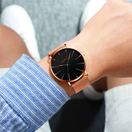 Minimalist Men's Fashion Ultra Thin Watches Simple Business Stainless Steel Mesh Belt Quartz Watch