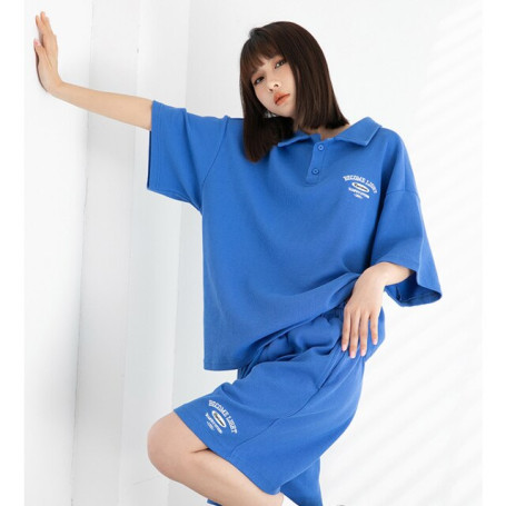 Summer Casual Loose Sportswear Suit Letter Tops Shorts Matching Sets Women Short Sleeve Clothes Female Polo Neck Blouse Pant Set