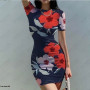 Tight Flower Dress Women's 3D Printing Women's Sexy Round Neck Short Sleeve Fragmented Flower Wrap Hip Casual Dress