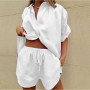 Women Solid Casual 2-Piece Sets Short Sleeve Lapel Single breasted Blouse and Drawstring Wide Leg Shorts