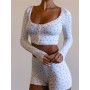 Women 2 Piece Outfits Flower Print Long Sleeve Low Cut Buttons Up T-shirts Tops High Waist Shorts