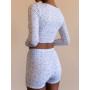 Women 2 Piece Outfits Flower Print Long Sleeve Low Cut Buttons Up T-shirts Tops High Waist Shorts