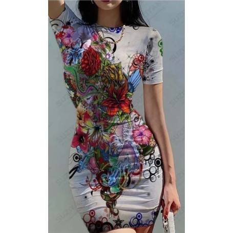 Tight Flower Dress Women's 3D Printing Women's Sexy Round Neck Short Sleeve Fragmented Flower Wrap Hip Casual Dress