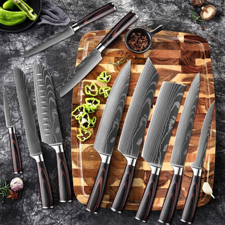 Chef knife 1-10 Pcs Set Kitchen Knives Laser Damascus Pattern Sharp Japanese Santoku Knife Cleaver Slicing Utility Knife