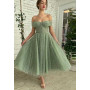 Simple Green Dotted Tulle Prom Dresses Off the Shoulder Tea-Length A-Line Midi Formal  Evening Gown