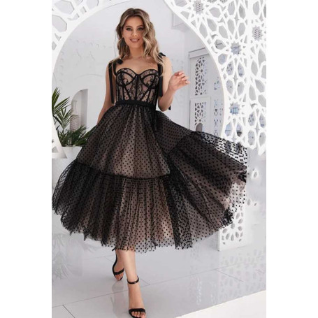 Black Polka Dots Tulle Open Back Prom Dress Women Modern Bow Straps Lace Sweetheart A Line Evening Gown Tea Length