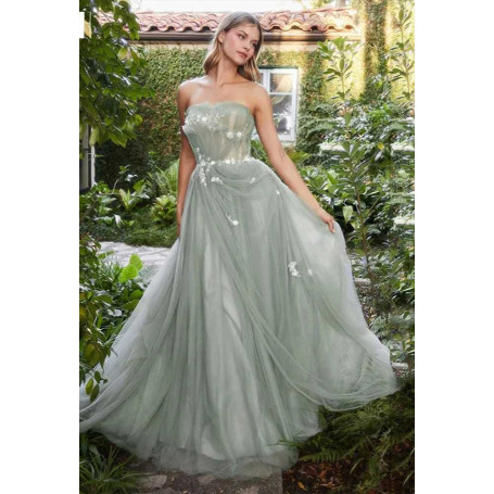 Mint Green Luxury Flowers Strapless Tulle Prom Dress Elegant Boat Neck Backless A Line Evening Gown