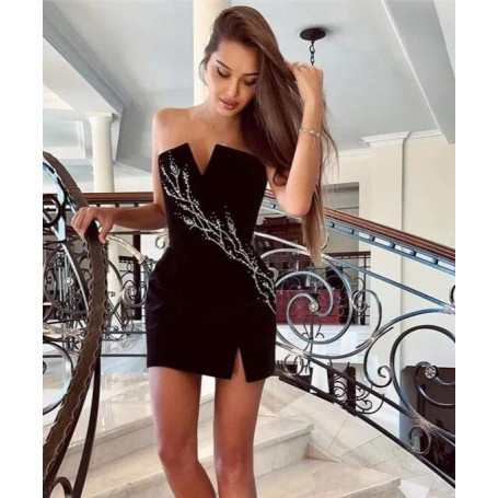 Black Sexy Velvet Short Dresses Crystallin Pearls Women Mini Evening Gowns Cocktail Dress