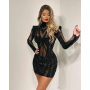 Glitter Black High Neck Short Cocktail Dress Long Sleeves Beads illusion Lady's Dress Mermaid Formal Party Prom Gowns