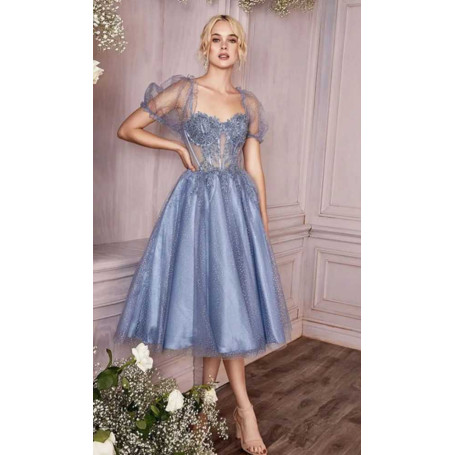 Grey Blue Puff Sleeves Glitter Tulle Prom Dress Sweetheart Lace Appliques Backless A Line Evening Party Gown Tea Length